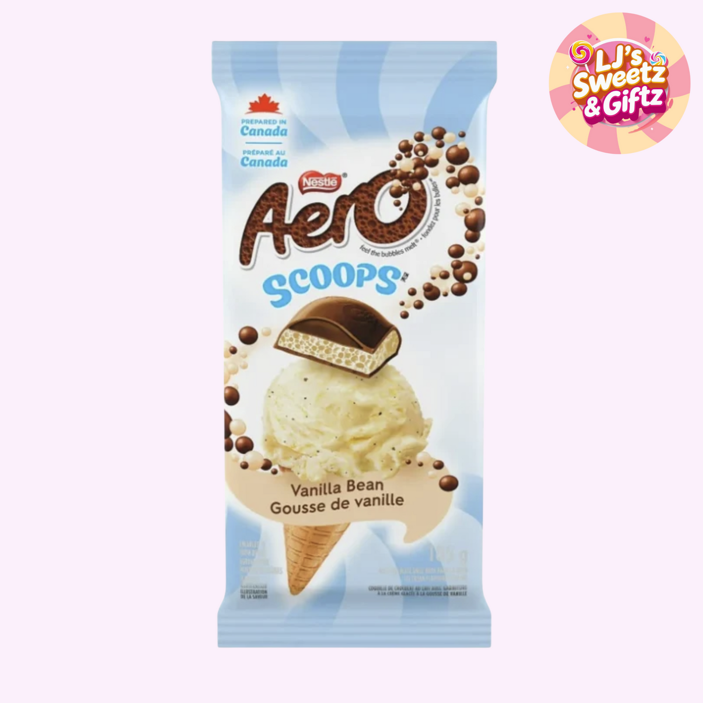 Aero Scoops Vanilla Bean ice cream package with Nestlé logo on a white background