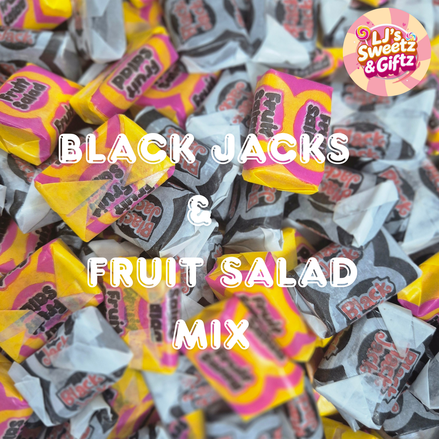 Assorted Black Jacks and Fruit Salad candy mix with visible branding.