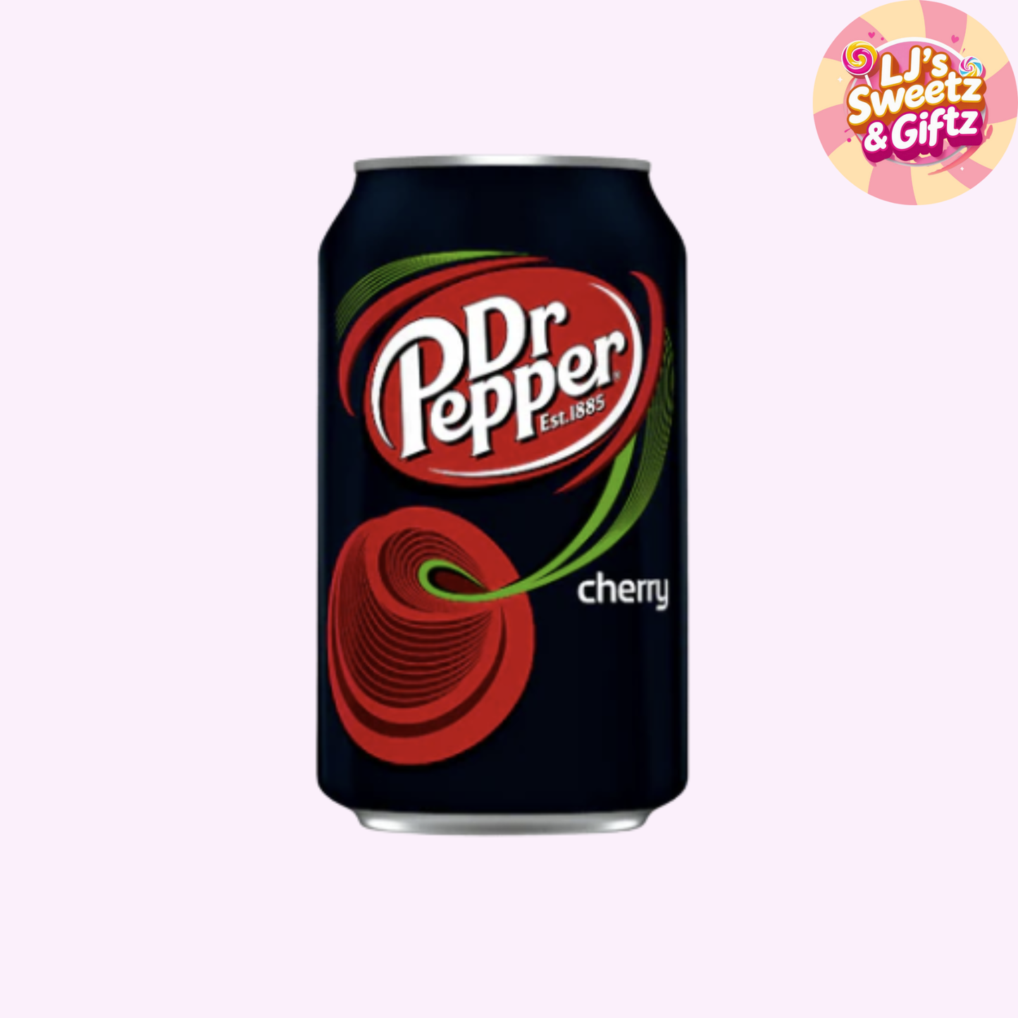 Dr Pepper cherry can on a white background with a brand logo overlay.