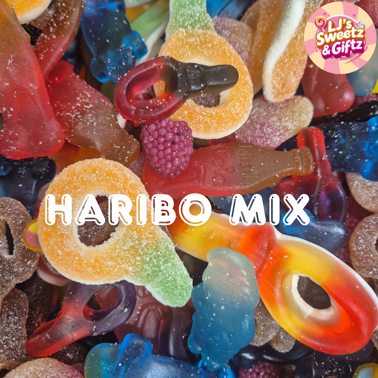 Assorted Haribo gummy candies with the brand name 'Haribo Mix' displayed.