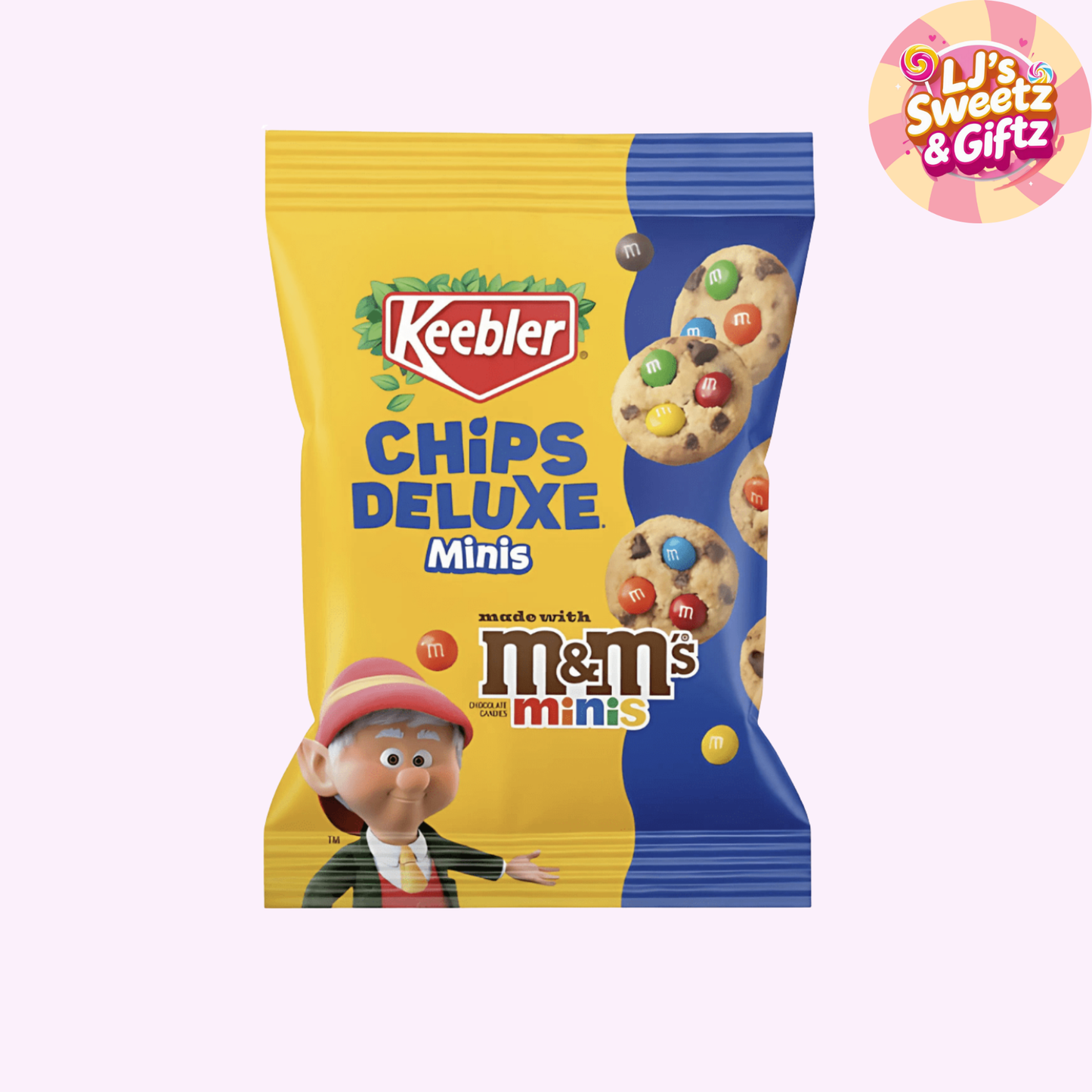 Keebler Chips Deluxe Minis packaging with M&M's on a white background