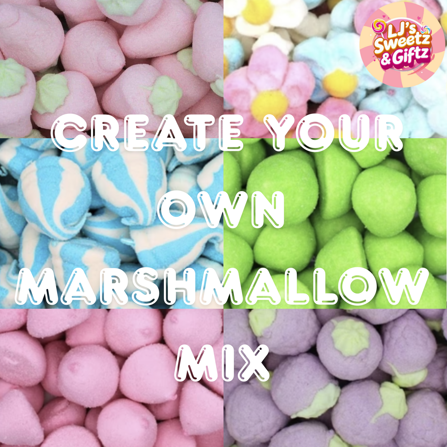 Colorful marshmallow mix with text 'Create your own marshmallow mix' and brand logo at the top right corner.