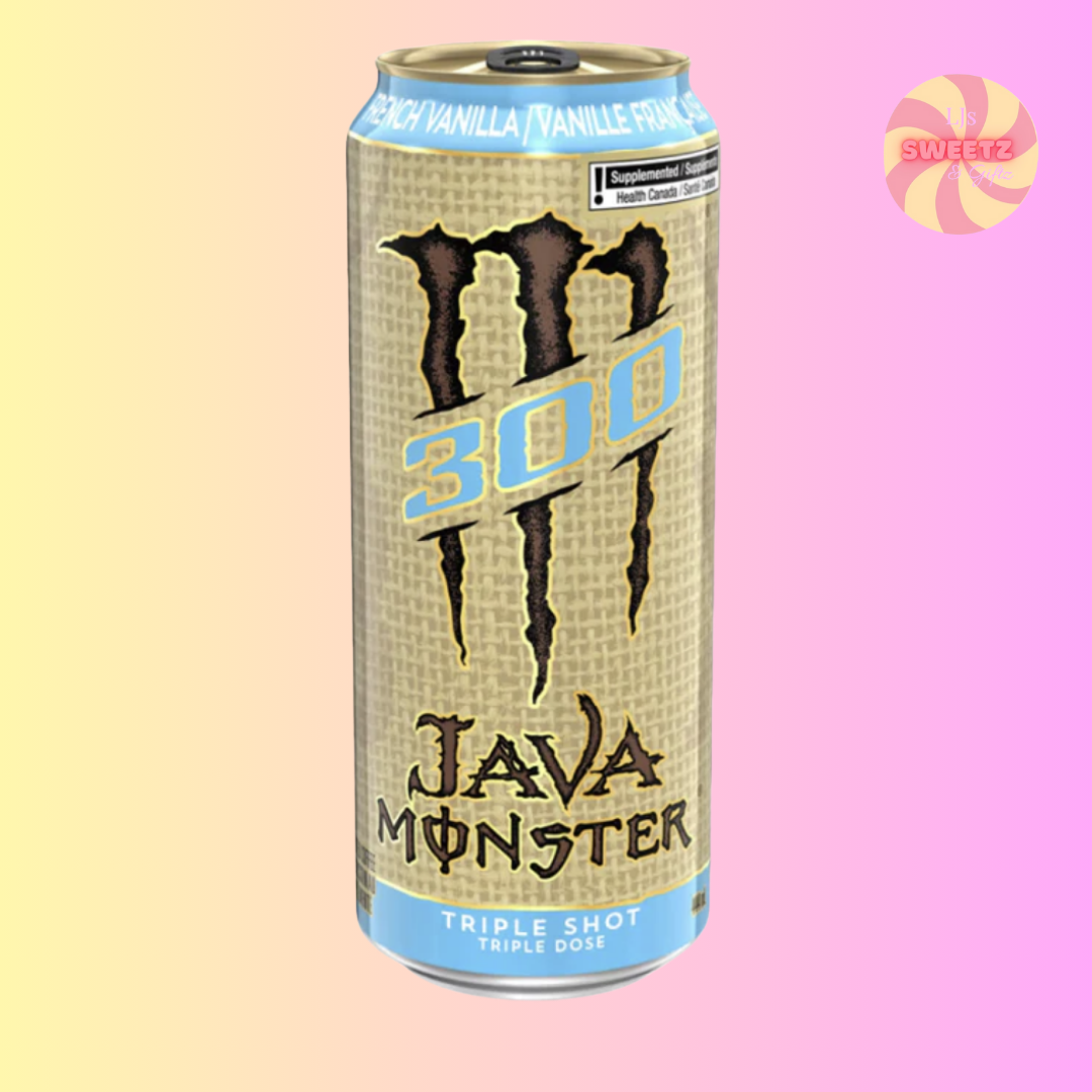 Monster Java 300 energy drink can on a pastel gradient background