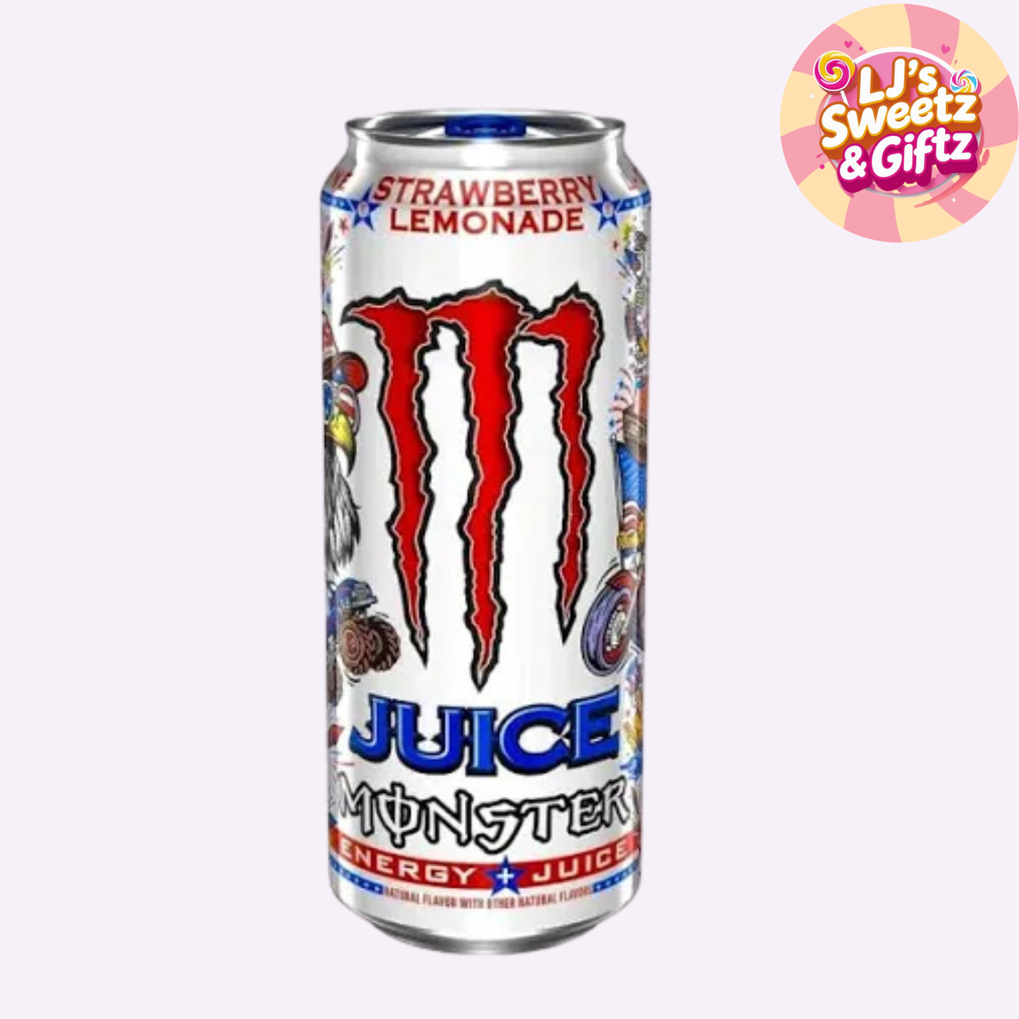 A can of Monster Juice Energy Drink in Strawberry Lemonade flavor, featuring the iconic red claw logo on a white background with colorful cartoon graphics. A 'Li's Sweetz & Giftz' logo is visible in the top right corner.