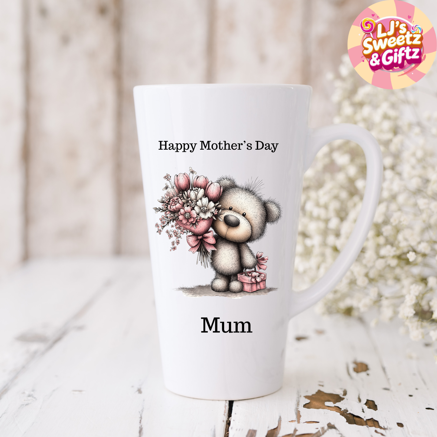 Mother's Day Bear with Pink Flowers Latte Mug