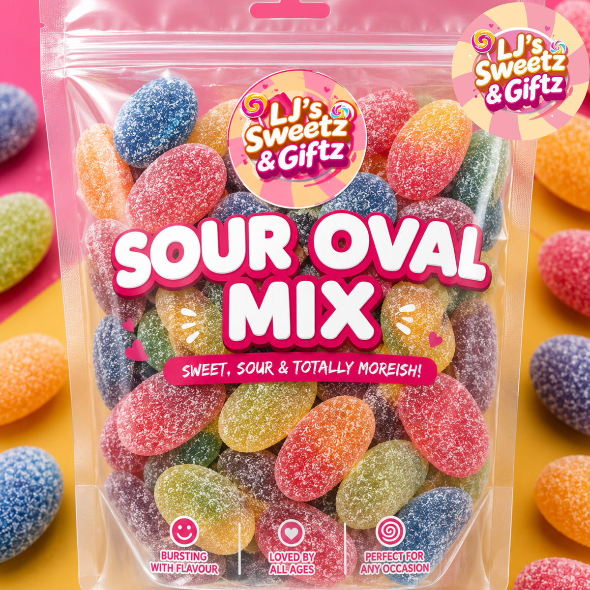 A clear plastic bag of Li's Sweetz & Giftz Sour Oval Mix gummy candies, filled with colorful, sugar-coated oval gummies, set against a bright pink and yellow background with more candies scattered around.
