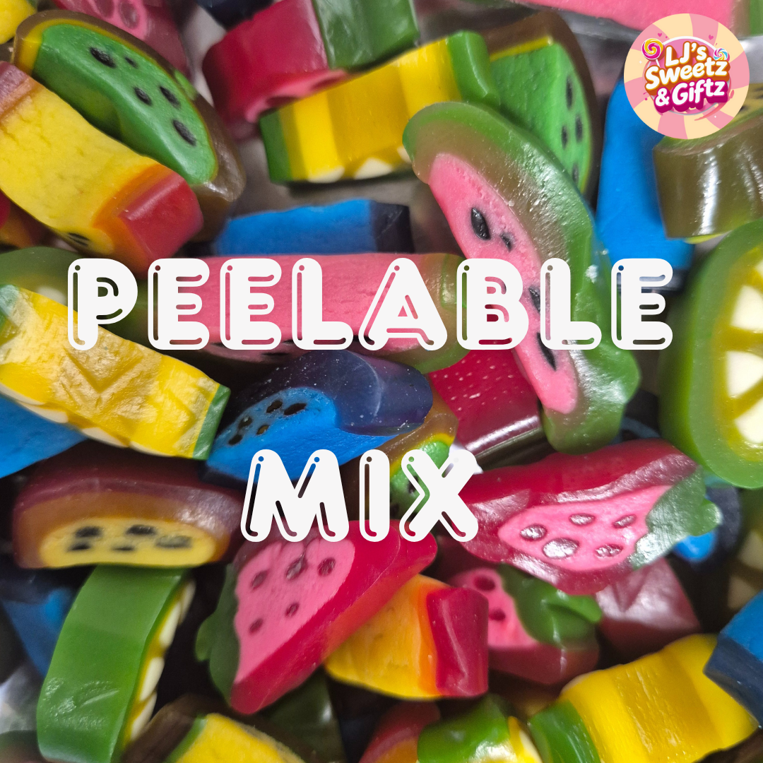 Colorful peelable fruit-shaped candies with 'LJ's Sweetz & Giftz' branding.