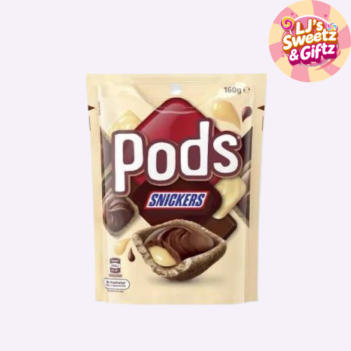 A 160g stand-up pouch of Snickers Pods chocolate candy, featuring a cream-colored background with a large red logo and an image of a chocolate pod on a light gray background. A 'Li's Sweetz & Giftz' logo is visible in the top right corner.