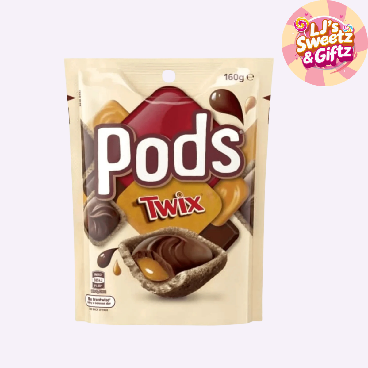 A 160g bag of Pods Twix chocolate candies, featuring the brand name 'Pods' in large white letters and 'Twix' in red on a yellow background. The packaging is cream-colored with illustrations of chocolate-covered candies.