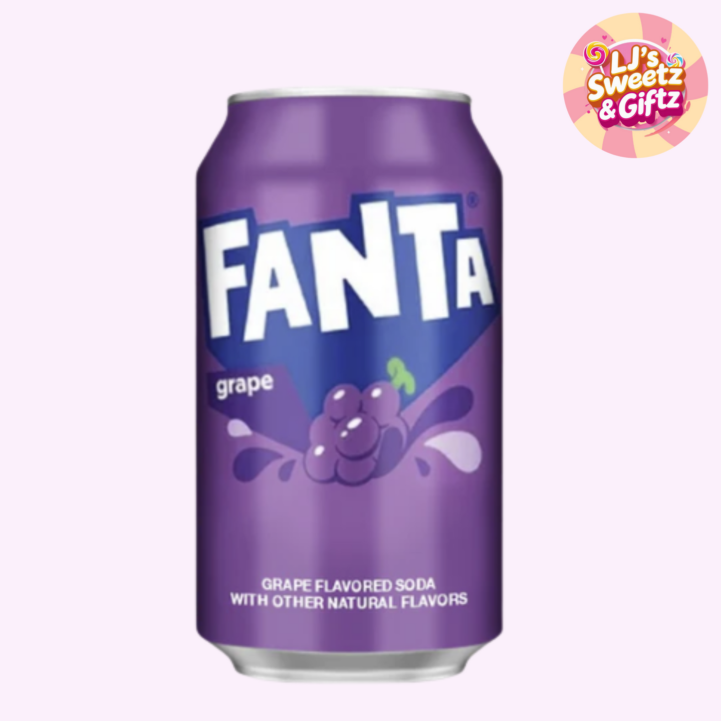 Purple Fanta grape soda can on a white background with 'Lil's Sweetz & Giftz' logo.