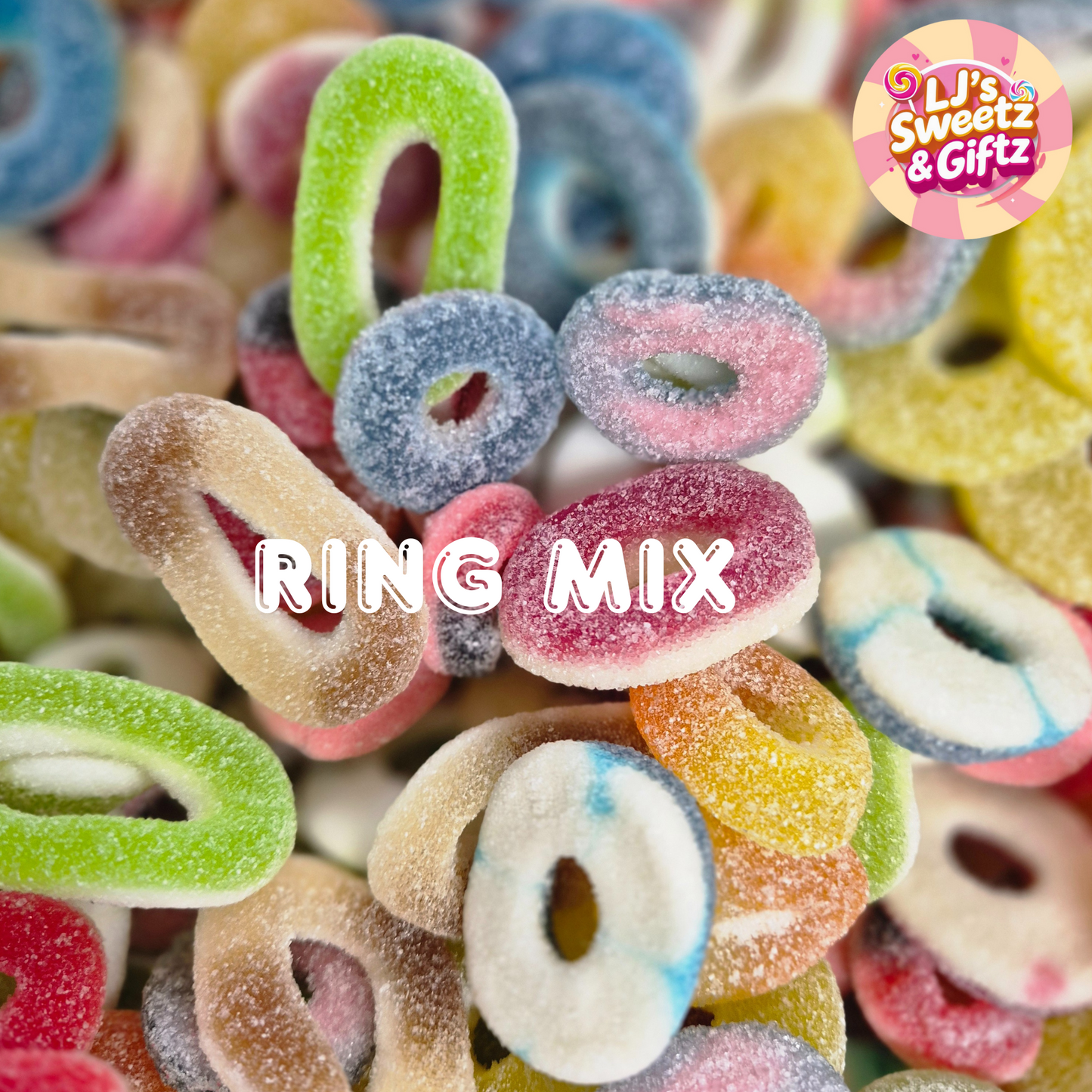 Colorful ring-shaped gummy candies with 'LJ's Sweetz & Giftz' branding.