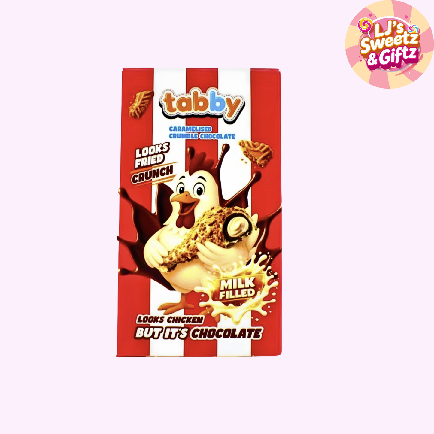 Tabby chocolate bar packaging with cartoon chicken and red and white striped design.