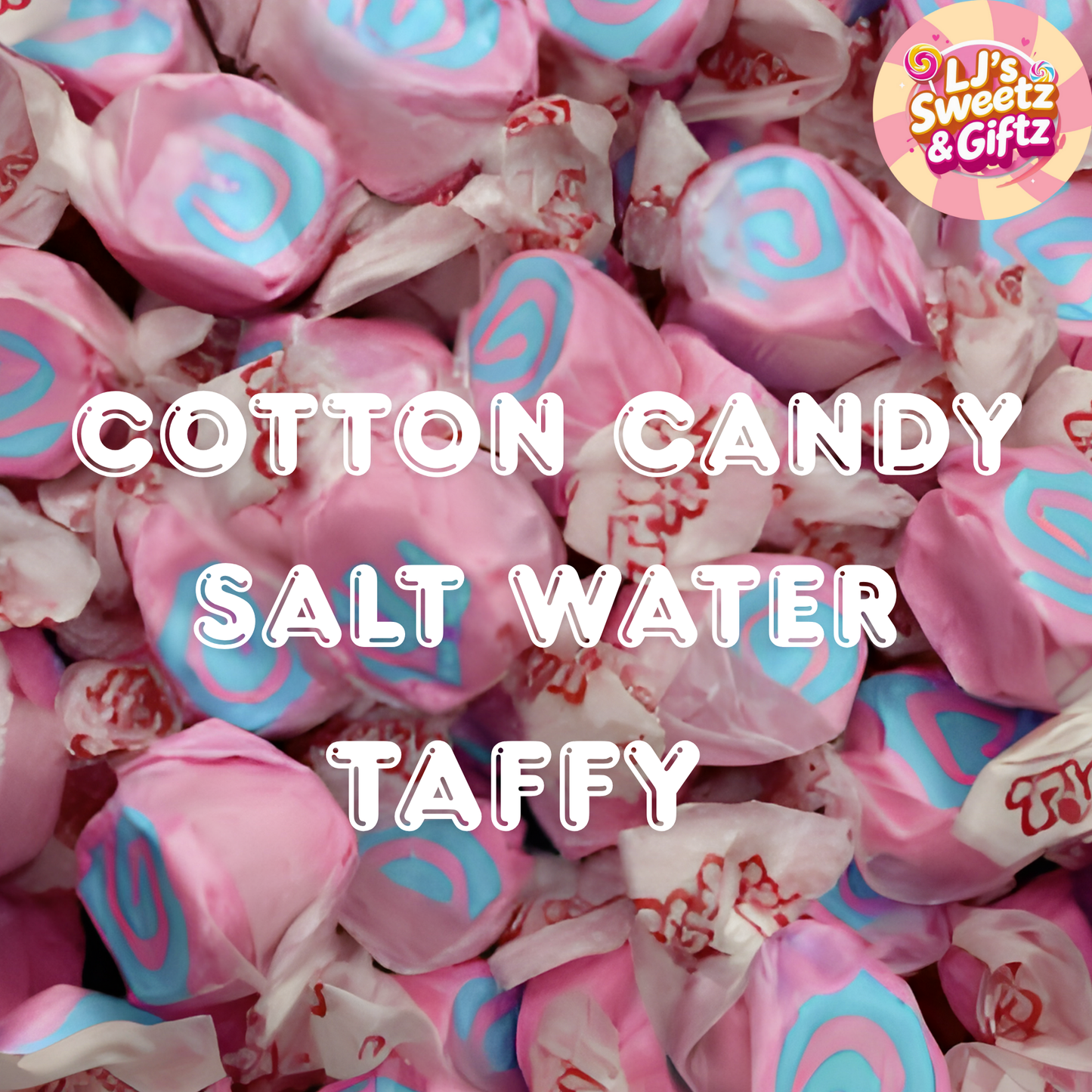 Pink and blue salt water taffy with visible brand logo at the top.