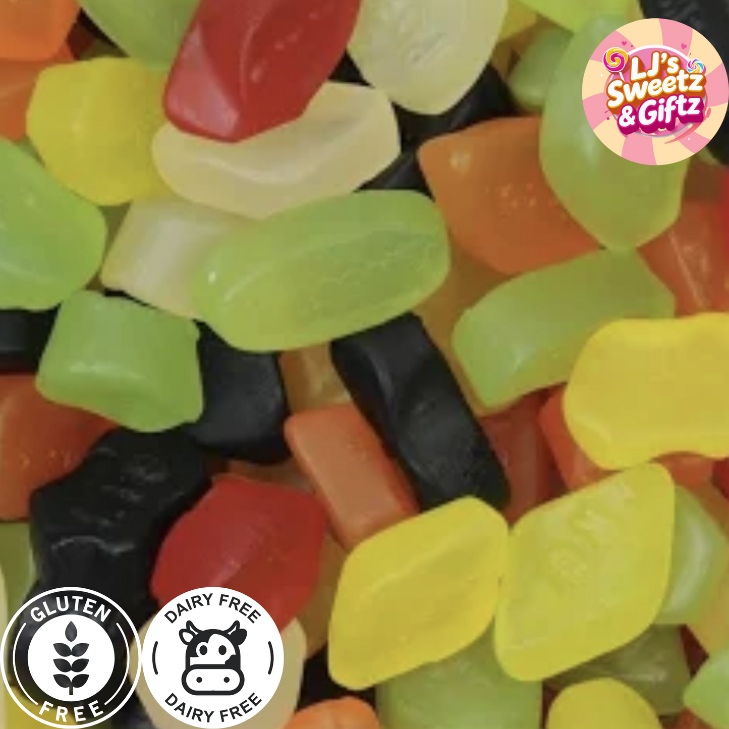 Assorted colorful gummy candies with 'LJ's Sweetz & Gizz' branding and dietary free icons.