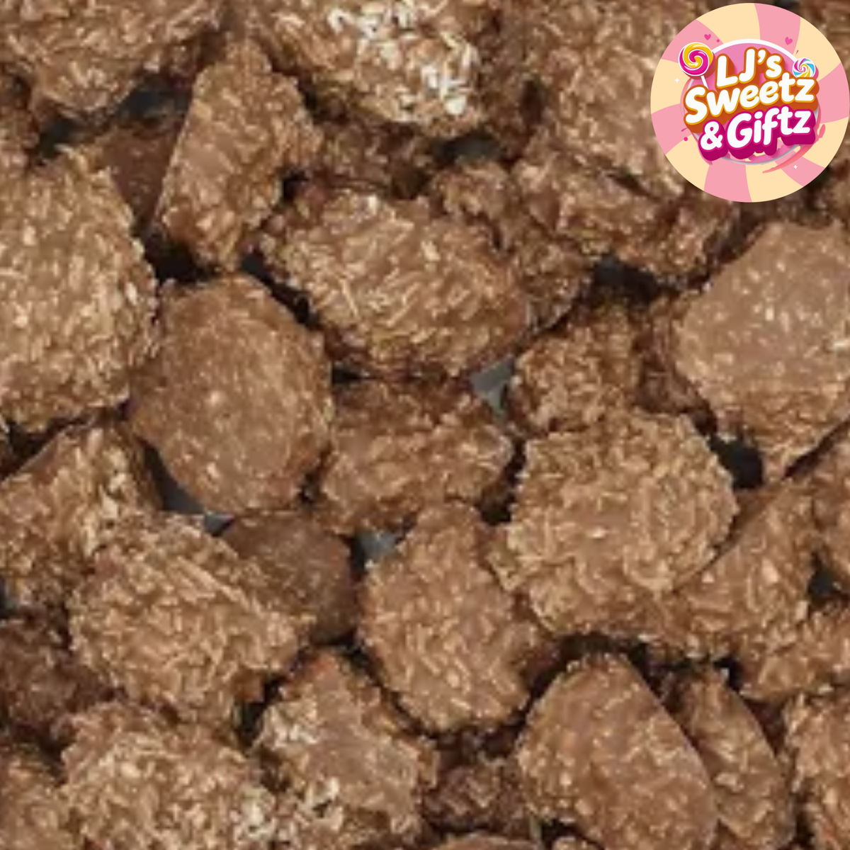 A close-up of assorted chocolate-covered coconut-coated candies or chocolates filling the frame, with a circular 'LJ's Sweetz & Giftz' logo in the top-right corner.