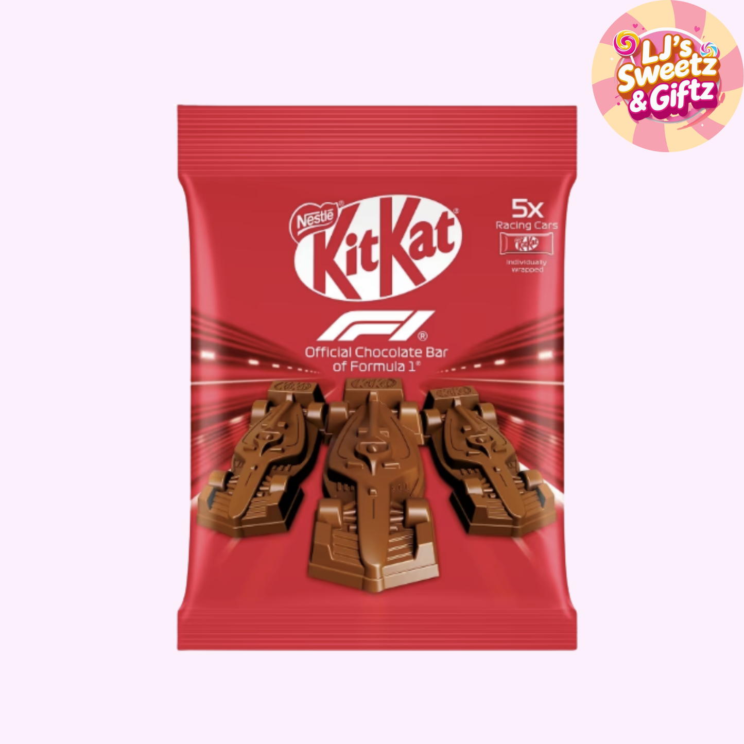 KitKat F1 chocolate bar packaging with Nestle logo on a red background