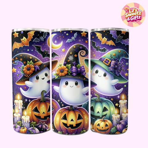 Three Halloween-themed tumblers with ghosts, pumpkins, and bats on a purple background. Brand 'LJ's Sweetz & Giftz' visible.