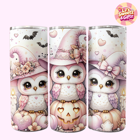 Three tumbler designs featuring cartoon owls in Halloween-themed hats and costumes on a white background.