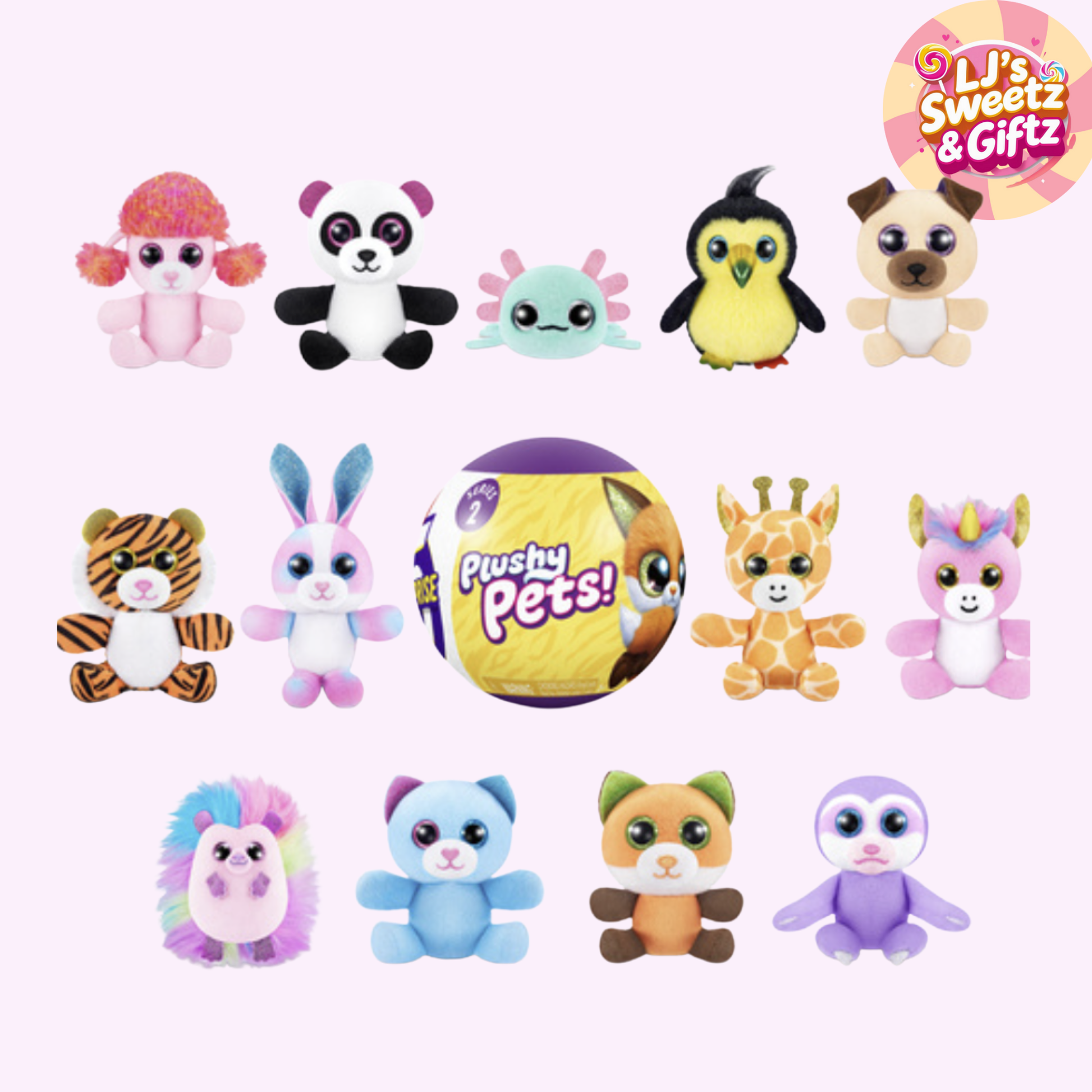 Collection of Plushy Pets toys with a central ball labeled 'Plushy Pets' on a white background.