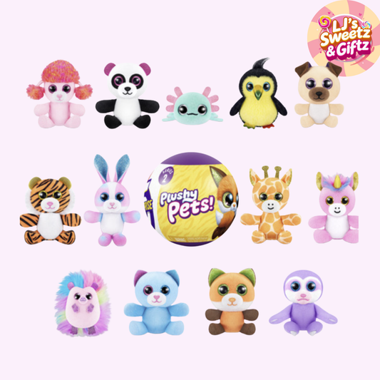Collection of Plushy Pets toys with a central ball labeled 'Plushy Pets' on a white background.