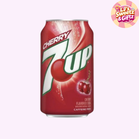 Cherry 7UP can with a red background