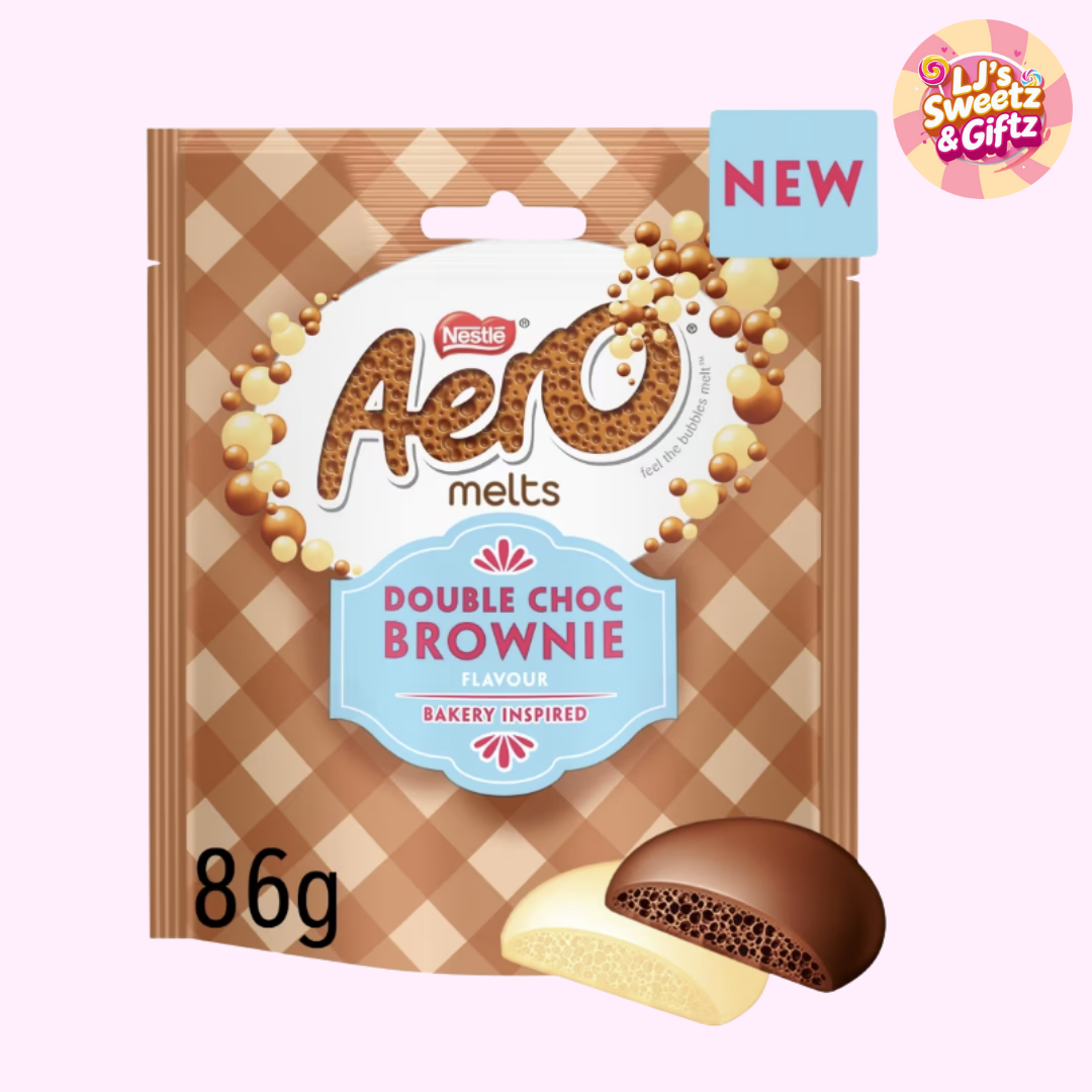 Aero Double Choc Brownie flavour chocolate melts packaging with a checkered pattern and 'Ljs Sweetz Giftz Logo