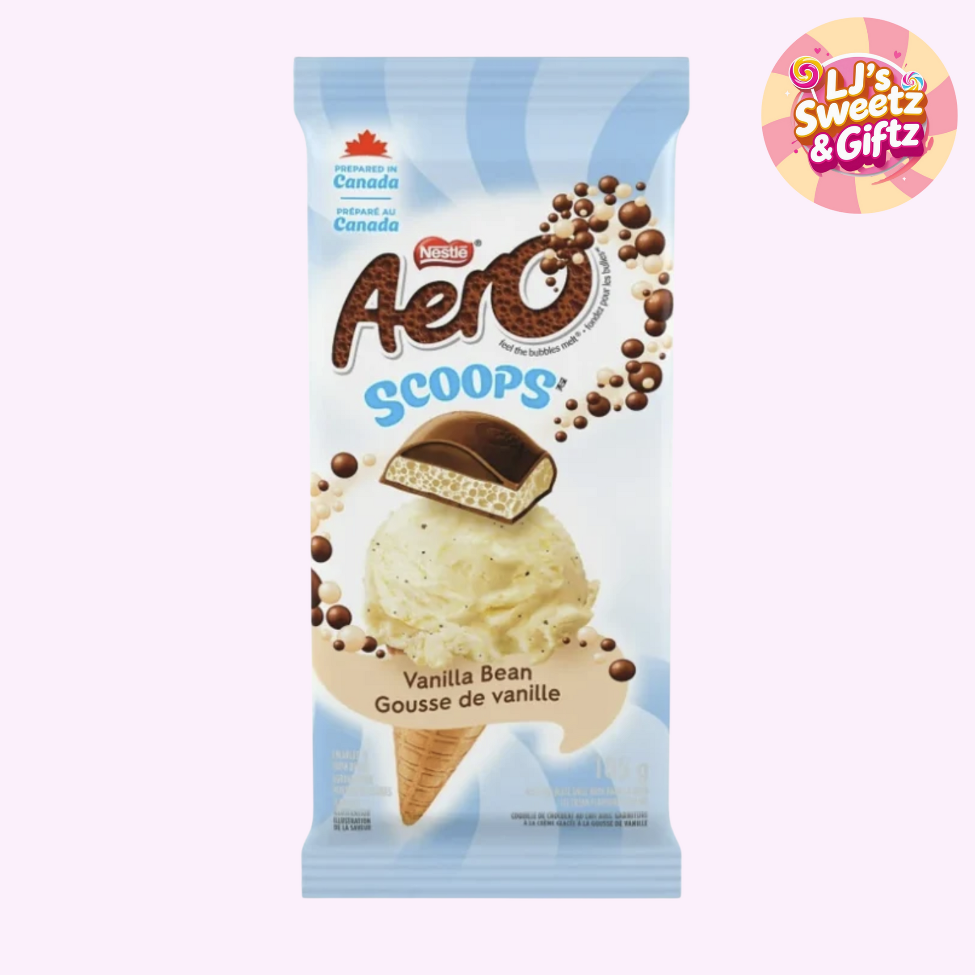 Aero Scoops Vanilla Bean ice cream package with Nestlé logo on a white background