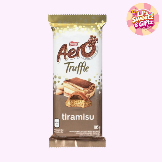 Aero Truffle Tiramisu chocolate bar packaging on a white background with 'LJ's Sweet & Gifz' logo.