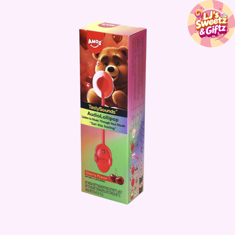 Box of Amos Tasty Sounds Audio Lollipop with a teddy bear and cherry design on a white background.