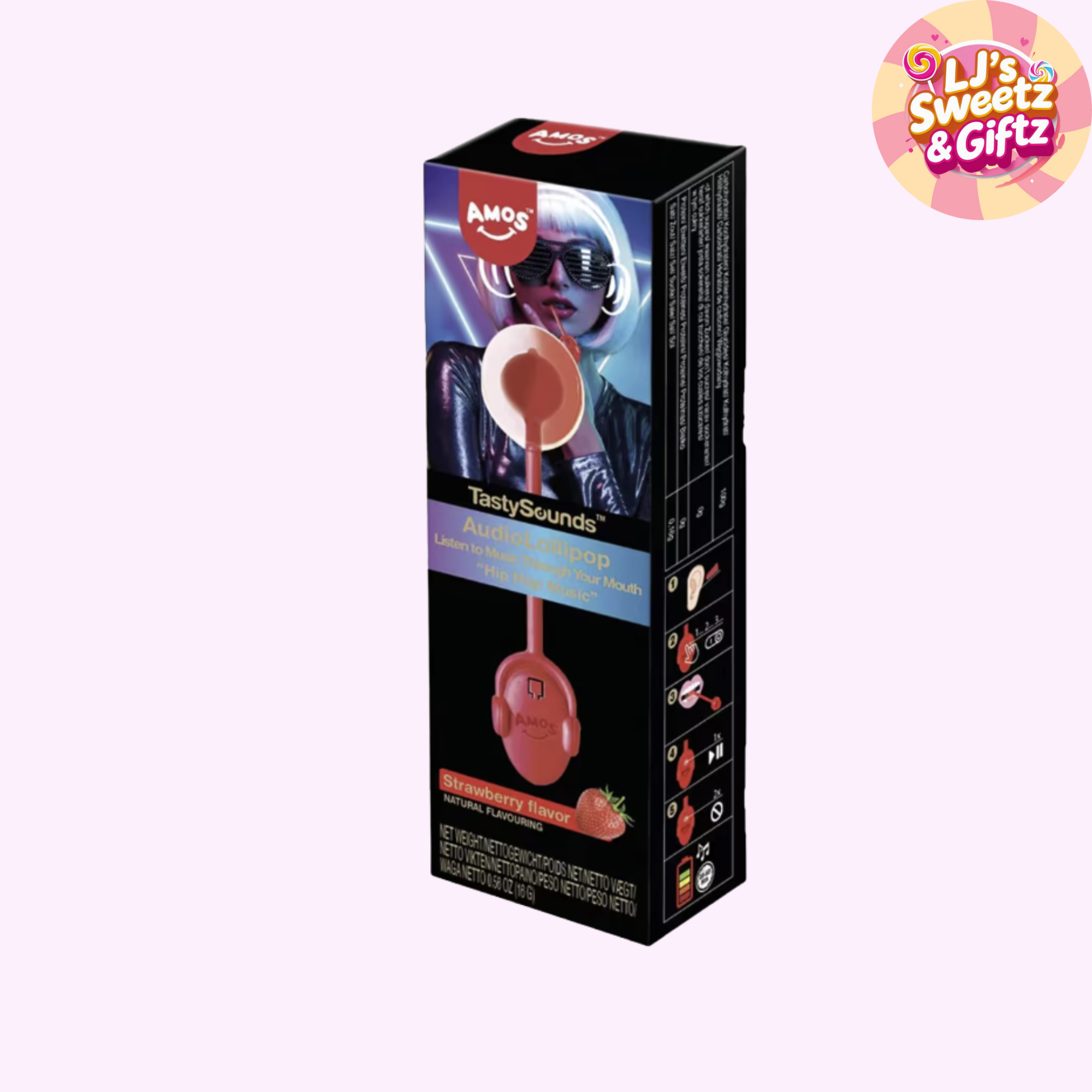 Lollipop with packaging featuring 'AMOS' and 'Tasty Sounds' on a white background.