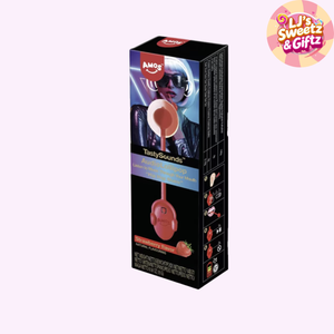 Lollipop with packaging featuring 'AMOS' and 'Tasty Sounds' on a white background.