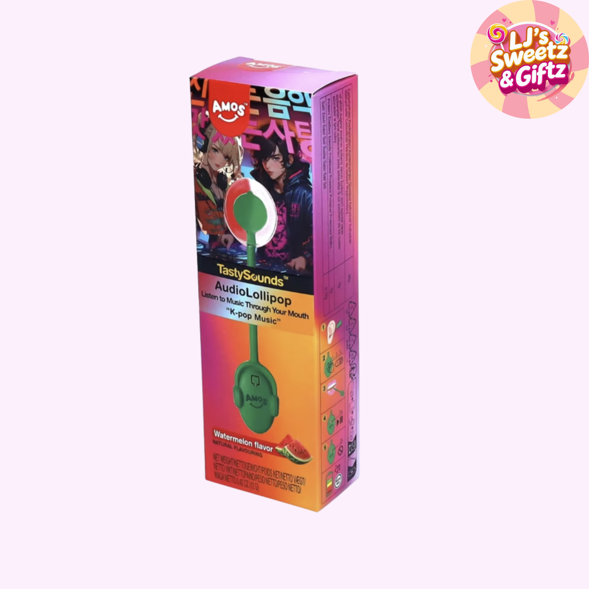 Colorful box of Tasty Scents Audio Lollipop with branding on a white background