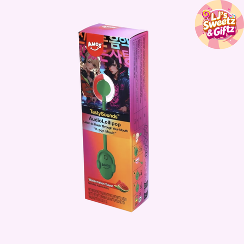 Colorful box of Tasty Scents Audio Lollipop with branding on a white background