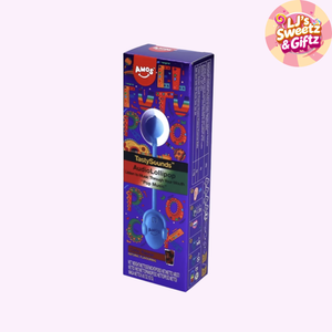 Box of AMOS TastySounds Audio Lollipop with colorful text on a white background