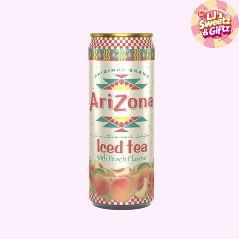 Can of Arizona iced tea with peach flavor on a white background