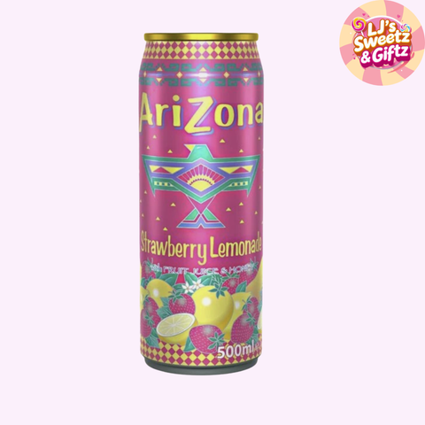 Pink Arizona Strawberry Lemonade can with colorful design on a white background