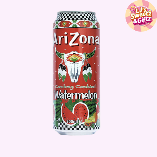 Arizona Cowboy Cocktails Watermelon can on a white background with 'LJ's Sweetz & Giftz' logo.