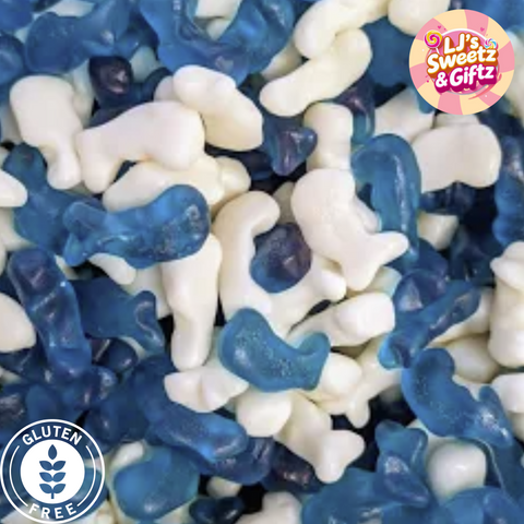 Assorted blue and white gummy bears with 'LJ's Sweetz & Gifz' branding and gluten-free label.