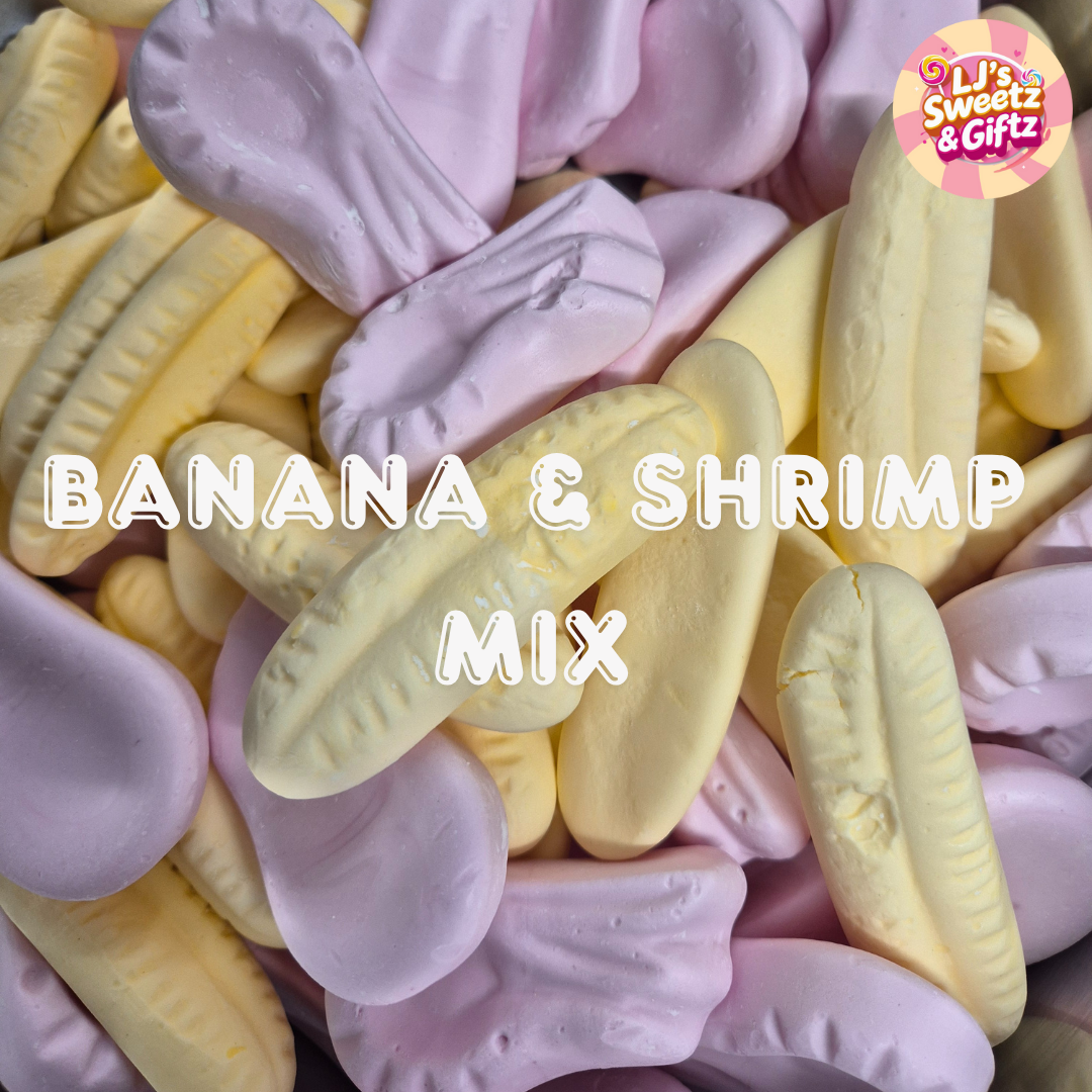 Colorful banana and shrimp shaped candies with 'LJ's Sweetz & Gifts' branding.
