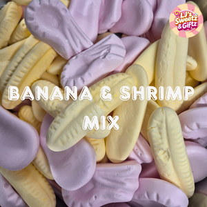 Colorful banana and shrimp shaped candies with 'LJ's Sweetz & Gifts' branding.