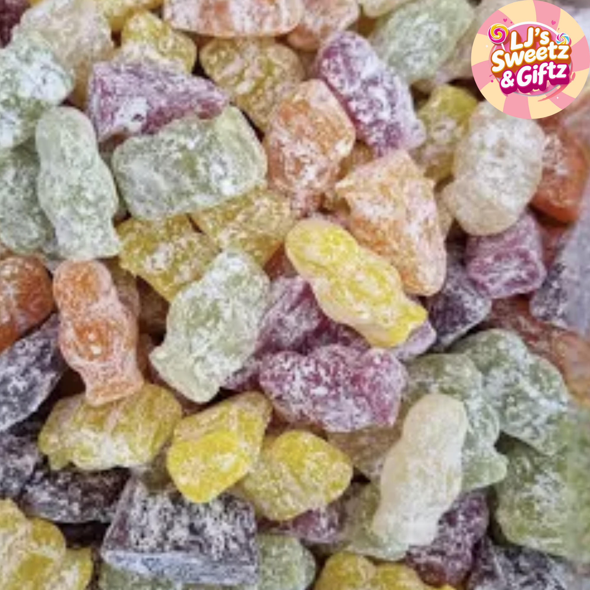 Assorted colorful Jelly babies with LJ's Sweetz & Giftz logo in the corner.