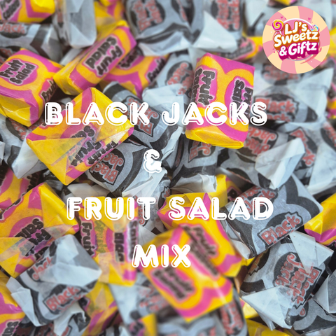 Assorted Black Jacks and Fruit Salad candy mix with visible branding.