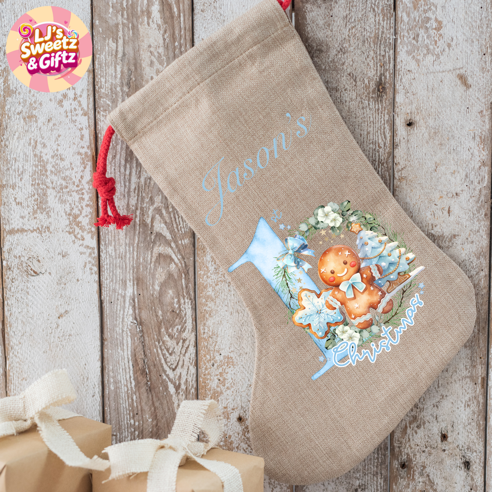 Personalized Christmas stocking with gingerbread design on a wooden background