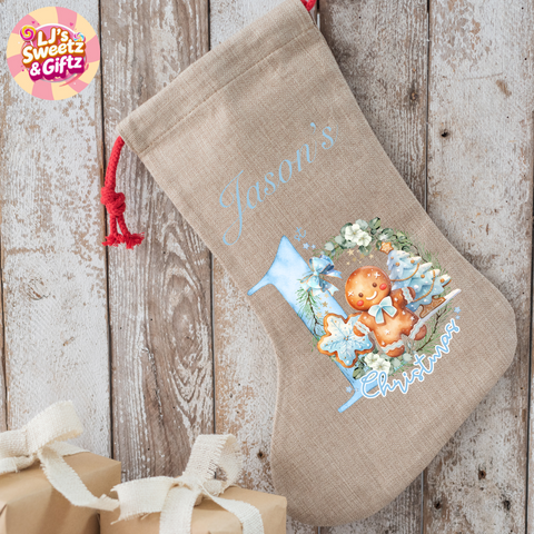 Personalized Christmas stocking with gingerbread design on a wooden background