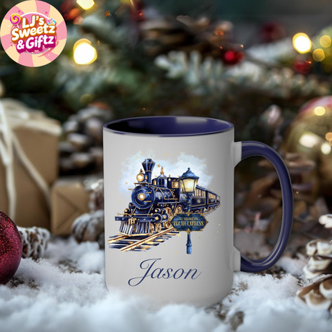 Mug with train design and 'Jason' text, set against a festive background with Christmas decorations.