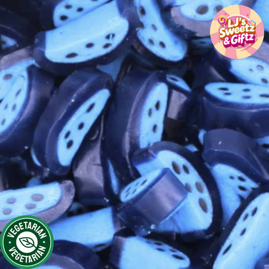 Close-up of blue and white candy pieces with 'LJ's Sweetz & Giftz' branding.