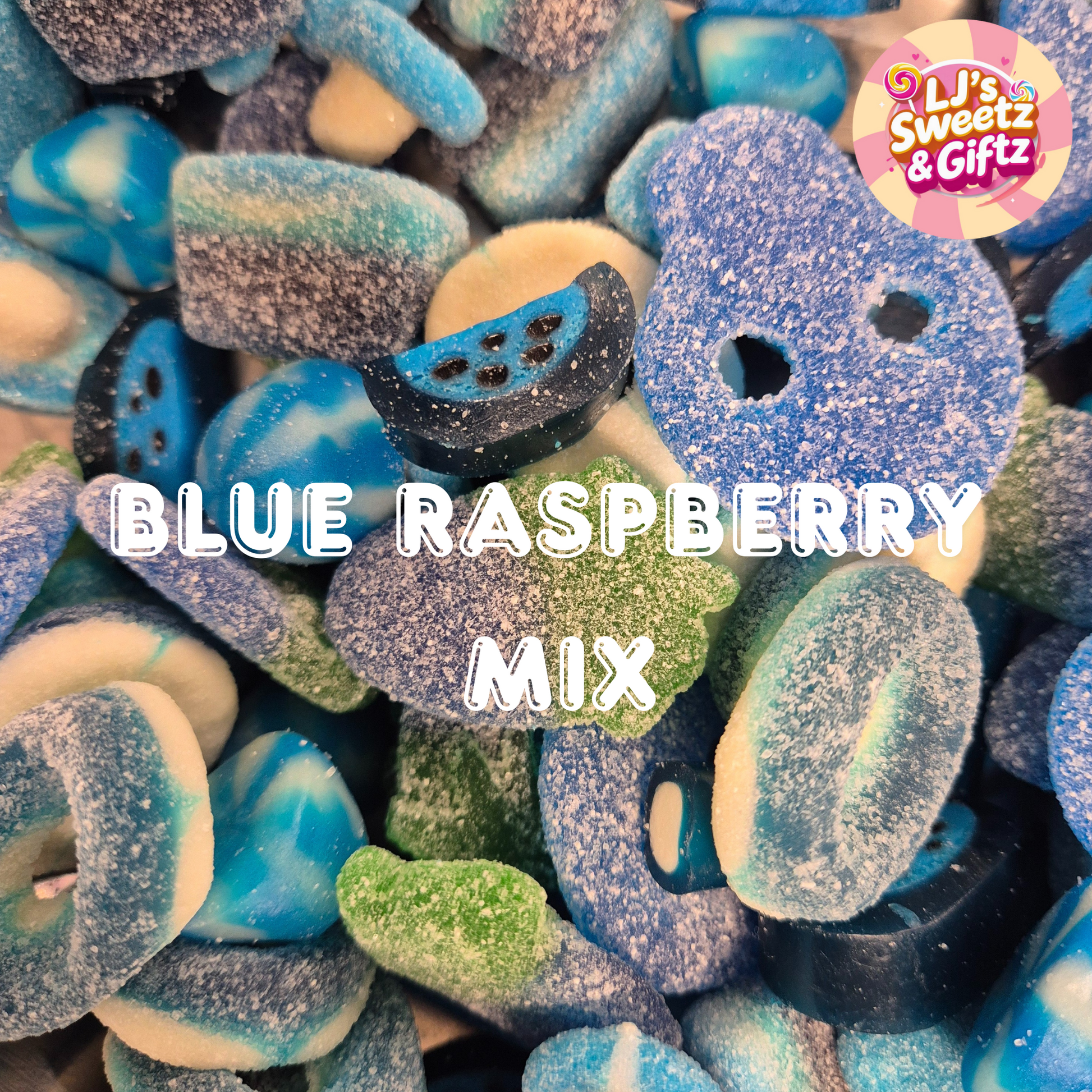 Assorted blue raspberry gummy candies with visible brand logo at the top.