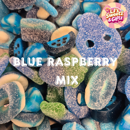 Assorted blue raspberry gummy candies with visible brand logo at the top.
