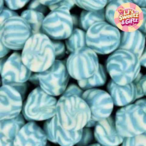 Blue and white swirled candies with 'LJ's Sweetz & Giftz' logo.