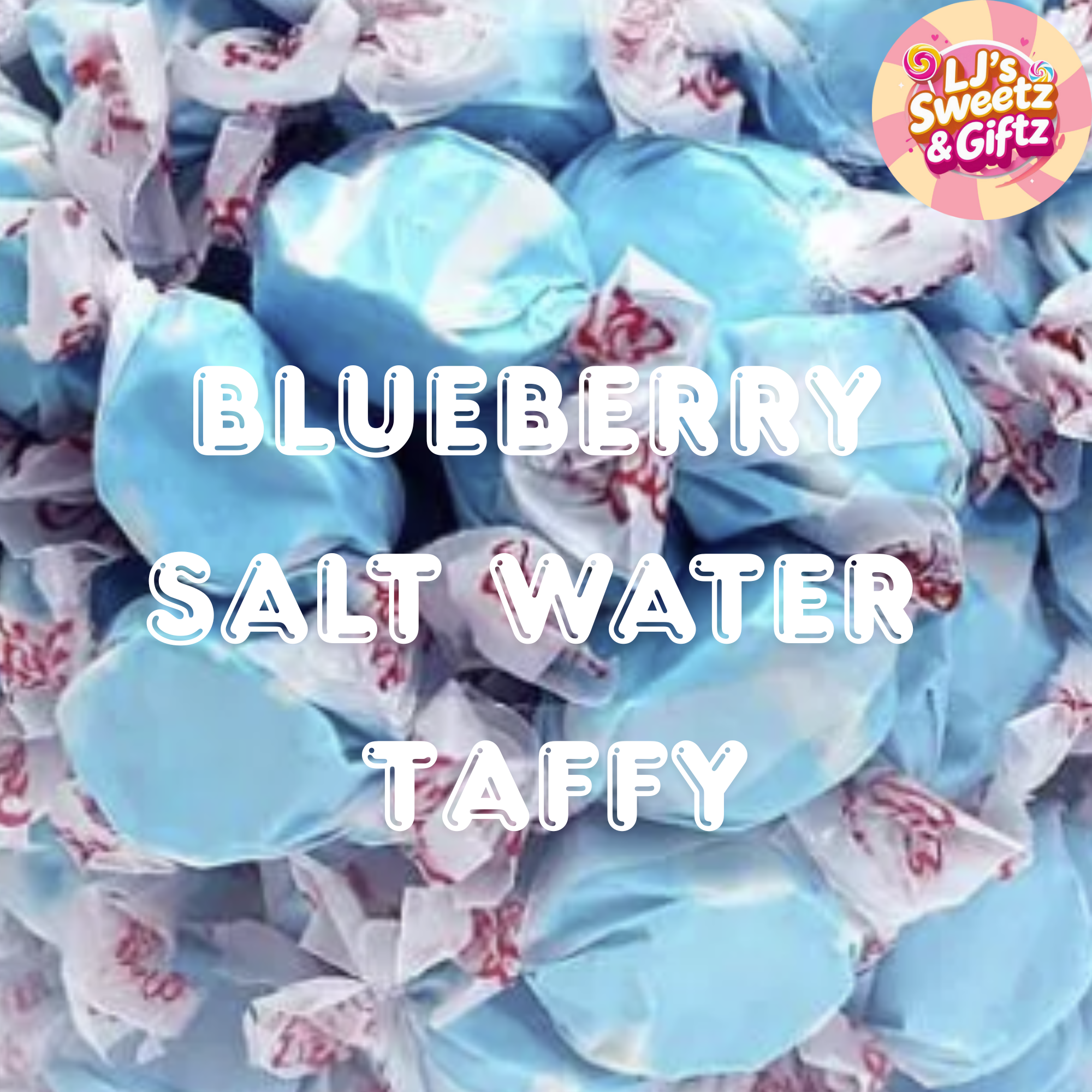 Blueberry salt water taffy with visible brand logo at the top right corner.